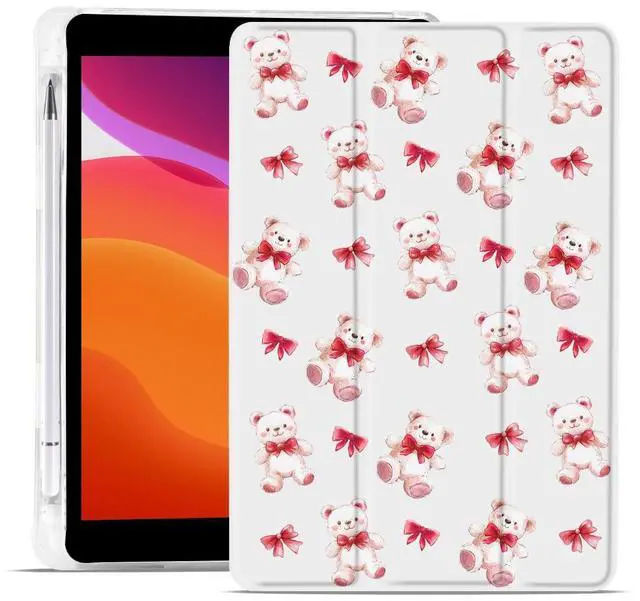 Main image of MAYCARI Teddy Bear Red Bows Fashion Case for iPad 10.9 inch 2022 with Pencil Holder, Original Pattern iPad 10th Generation Soft TPU Back Protective Cover Shell, Auto Sleep/Wake Slim Shell - White