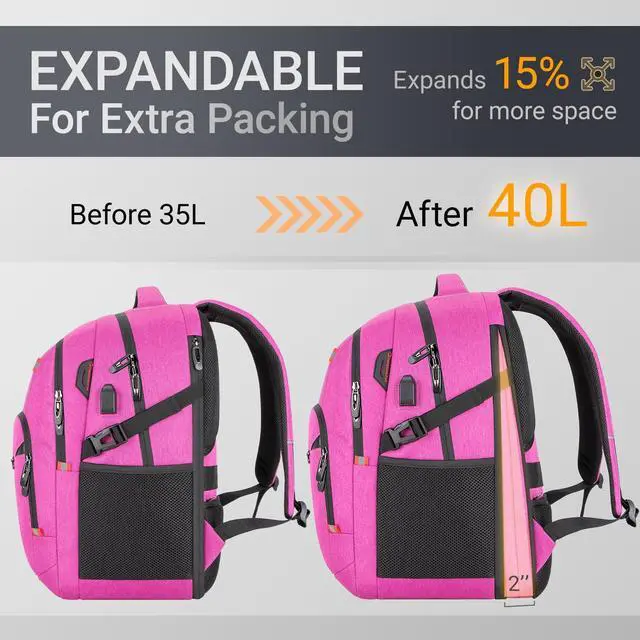 Alt view image 3 of 5 - Velaybor 40L Expandable Laptop Backpack, Anti-thief Travel Backpack with USB Charging Port, Airline Approved Business Waterproof Carry on Luggage, Fits 15.6" Laptop for Men Women