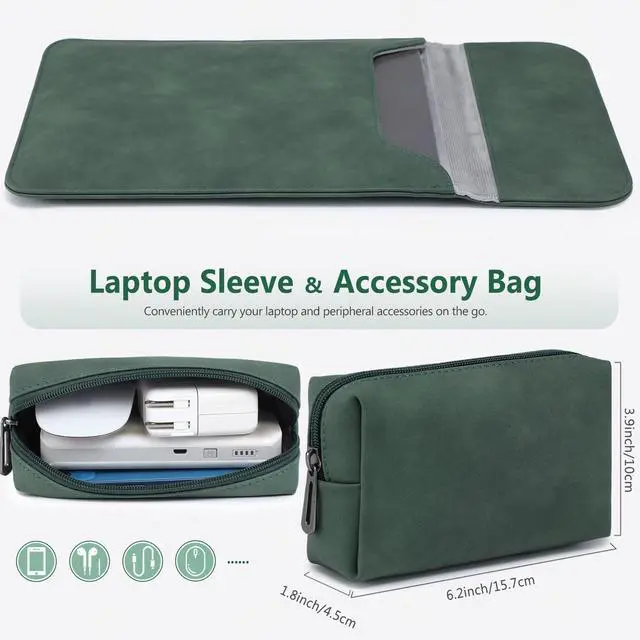 Alt view image 2 of 5 - HYZUO 13.3-14 Inch Laptop Sleeve for MacBook Pro 14 M5/M4/M3/M2/M1 Pro/Max 2026-2021, 13.3" MacBook Air/Pro, 13-13.8 Surface Laptop, HP Envy 13, Faux Suede Leather Case with Pouch, Midnight Green