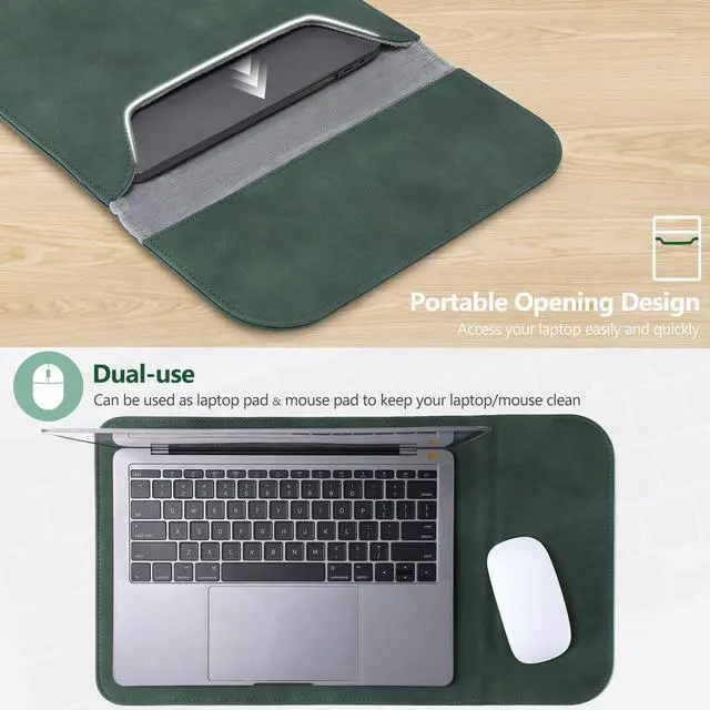 Alt view image 5 of 5 - HYZUO 13.3-14 Inch Laptop Sleeve for MacBook Pro 14 M5/M4/M3/M2/M1 Pro/Max 2026-2021, 13.3" MacBook Air/Pro, 13-13.8 Surface Laptop, HP Envy 13, Faux Suede Leather Case with Pouch, Midnight Green