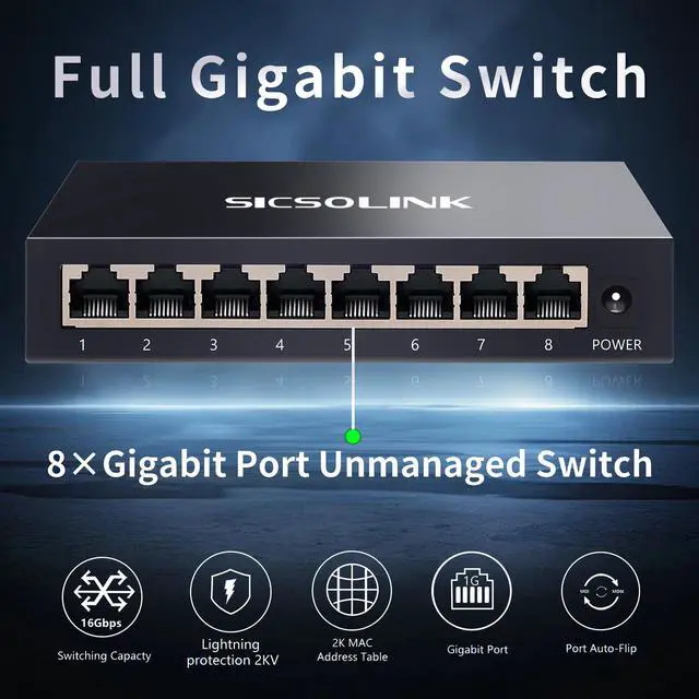 Alt view image 2 of 5 - SICSOLINK, 8 Ports Gigabit Unmanaged Ethernet Switch, Network Hub, Ethernet Splitter, Plug & Play, Fanless Metal Design, Traffic Optimization