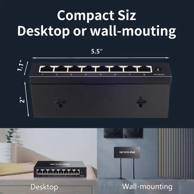Alt view image 4 of 5 - SICSOLINK, 8 Ports Gigabit Unmanaged Ethernet Switch, Network Hub, Ethernet Splitter, Plug & Play, Fanless Metal Design, Traffic Optimization