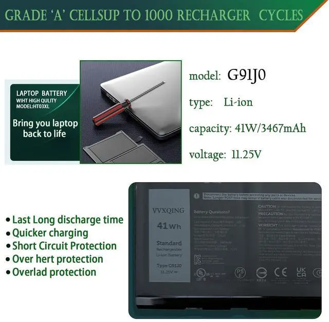 Alt view image 2 of 5 - VVXQING G91J0 Battery Replacement for Dell Latitude 3320 3330 3420 3520 Insp 3510 3511 3515 3525 3530 5310 5410 5418 5510 5518 5515 14 Plus 7420 7415 2-in-1 Vostro 5620 5625 V6W33 TN70C PG8YJ 41WH