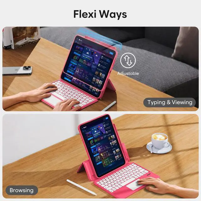 Alt view image 4 of 5 - ProCase Folio Keyboard Case for iPad 11-inch (A16 Chip) 2025 / iPad 10th Generation 10.9" 2022; Magnetic Detachable Protective Cover with Touchpad & Pencil Holder -Pink