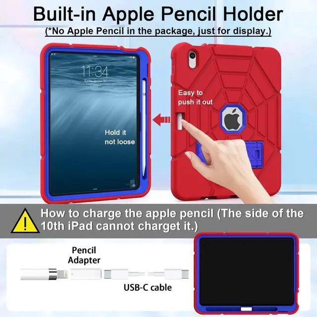 Alt view image 3 of 5 - Grifobes Kids Case for iPad A16 11th Generation 2025 11-inch/iPad 10th Generation 2022 10.9 inch, Heavy Duty Shockproof Rugged 11/10 Gen Cover with Pencil Holder/Stand Boy Children (Red+Blue)