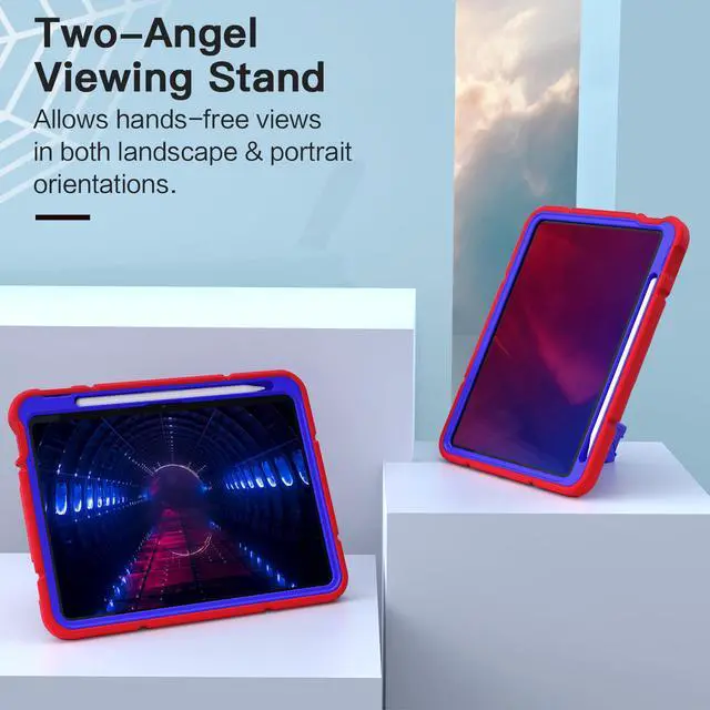 Alt view image 4 of 5 - Grifobes Kids Case for iPad A16 11th Generation 2025 11-inch/iPad 10th Generation 2022 10.9 inch, Heavy Duty Shockproof Rugged 11/10 Gen Cover with Pencil Holder/Stand Boy Children (Red+Blue)