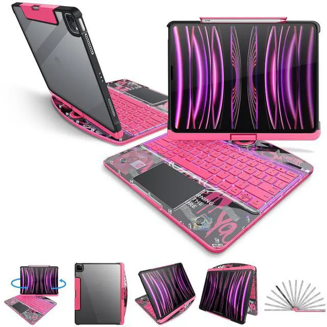 Main image of molosicars Case with Keyboard for iPad Pro 13-inch 2024 (M4) - Transparent Protective Case with Pencil Holder, 7-Color Backlit Wireless Keyboard, 360° Rotating Stand & Tech Style Transparent Pink
