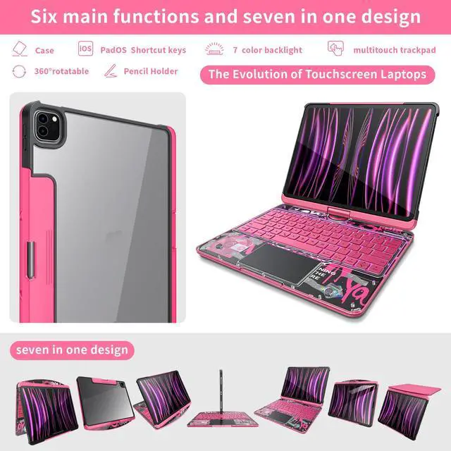 Alt view image 3 of 5 - molosicars Case with Keyboard for iPad Pro 13-inch 2024 (M4) - Transparent Protective Case with Pencil Holder, 7-Color Backlit Wireless Keyboard, 360° Rotating Stand & Tech Style Transparent Pink