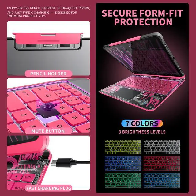 Alt view image 4 of 5 - molosicars Case with Keyboard for iPad Pro 13-inch 2024 (M4) - Transparent Protective Case with Pencil Holder, 7-Color Backlit Wireless Keyboard, 360° Rotating Stand & Tech Style Transparent Pink