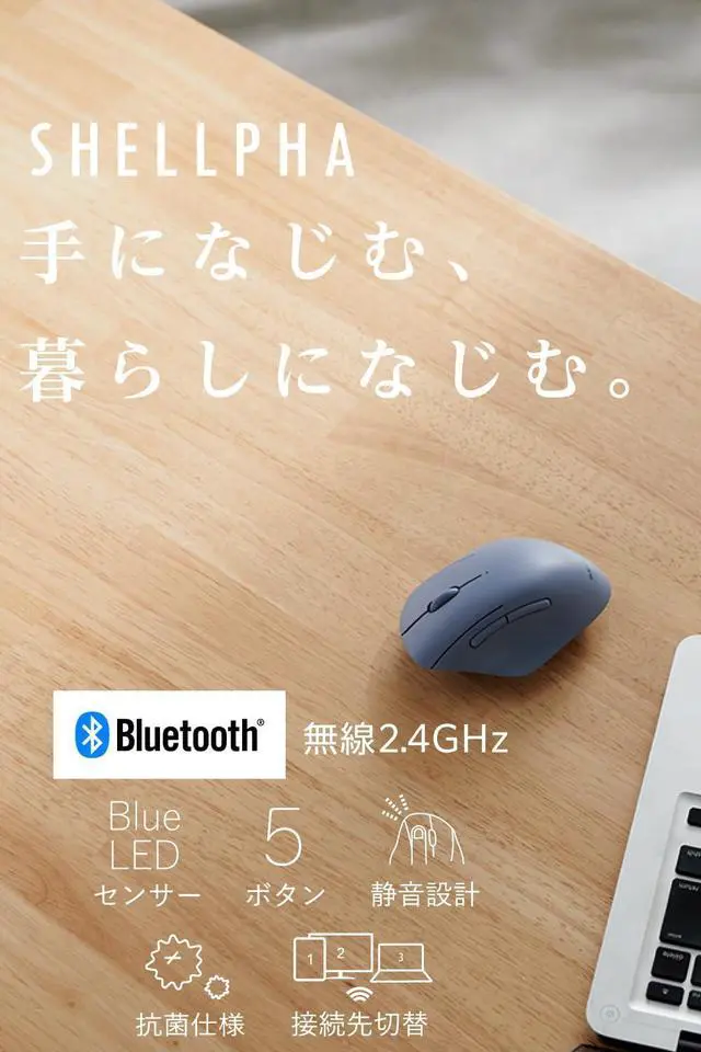 Alt view image 2 of 5 - ELECOM Shellpha Bluetooth Wireless Mouse, Silent Click, Ergonomic 5 Programmable Buttons, Connect Up to 3 Devices, 2.4GHz USB Multi-Device Connection, 2000 DPI, PC Laptop Mac Mouse (Navy Blue)