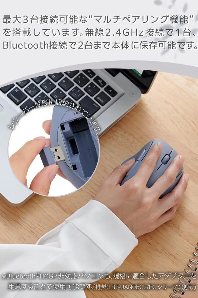 Alt view image 5 of 5 - ELECOM Shellpha Bluetooth Wireless Mouse, Silent Click, Ergonomic 5 Programmable Buttons, Connect Up to 3 Devices, 2.4GHz USB Multi-Device Connection, 2000 DPI, PC Laptop Mac Mouse (Navy Blue)