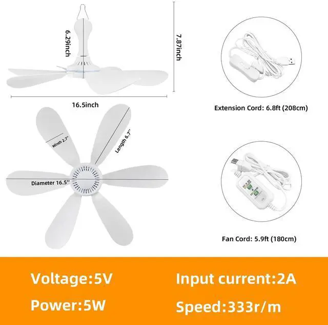 Alt view image 2 of 5 - USB Powered Small Ceiling Fan 6 Blades Quiet DC 5V USB Hanging Fans for Indoor Outdoor RV Bed Room Dorm Desk Travel Camping Tent Cubicle Mini Portable Canopy Fans (White Remote Control)