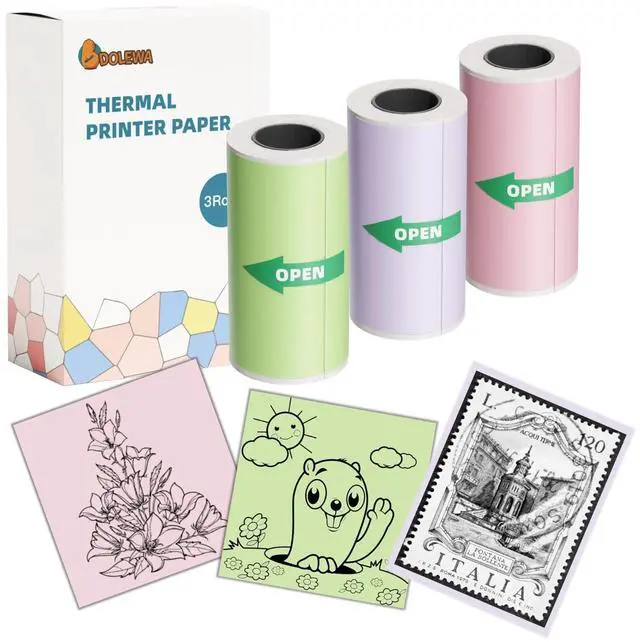 Main image of 53mm x 3.5m Pink/Green/Purple Adhesive Thermal Sticker Paper 3 Rolls, Mini Thermal Printer Paper, Compatible With Dolewa LX-D2, for Notes, List, Stickers, Printing Black & White Photos
