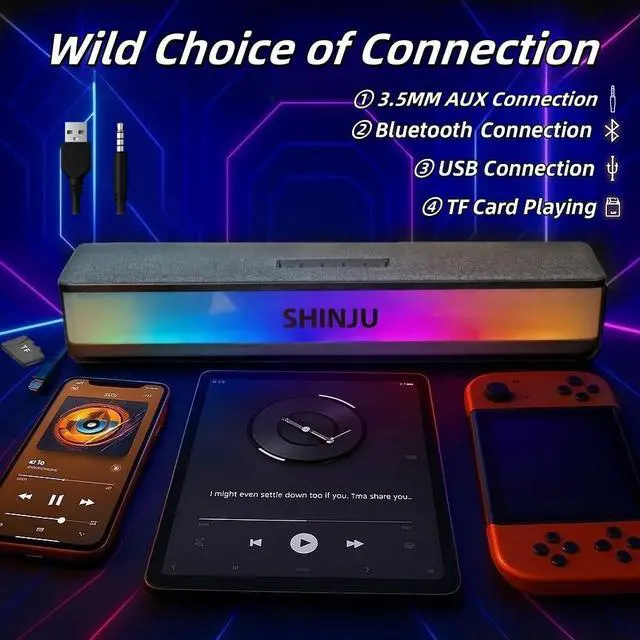 Alt view image 5 of 5 - ShinJu RGB Computer Speakers for Desktop PC Gaming Accessories, 5.3 Bluetooth Sound Bar for Monitor Speakers Aux Plug in 3.5mm / USB/TF Card Gaming Speakers for PC, Bocinas para PC Gamer