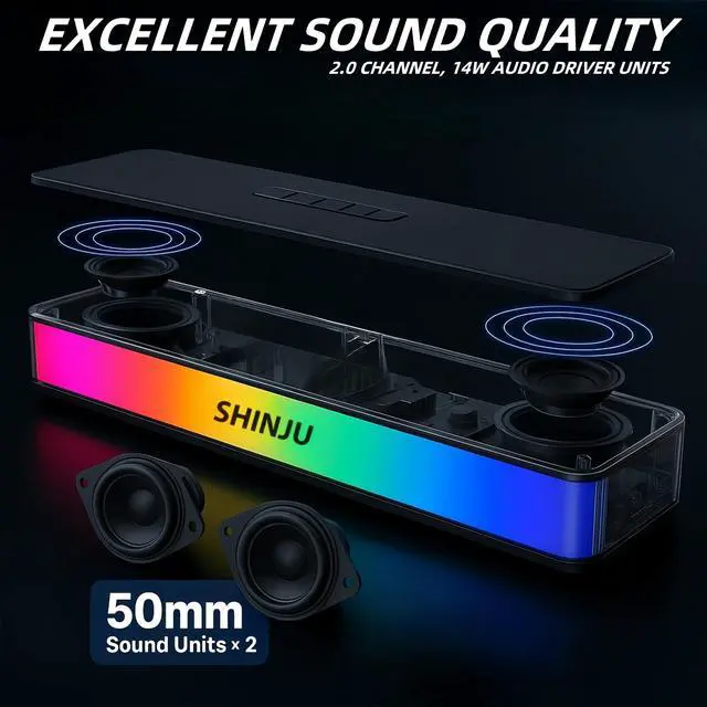 Alt view image 2 of 5 - ShinJu RGB Computer Speakers for Desktop PC Gaming Accessories, 5.3 Bluetooth Sound Bar for Monitor Speakers Aux Plug in 3.5mm / USB/TF Card Gaming Speakers for PC, Bocinas para PC Gamer