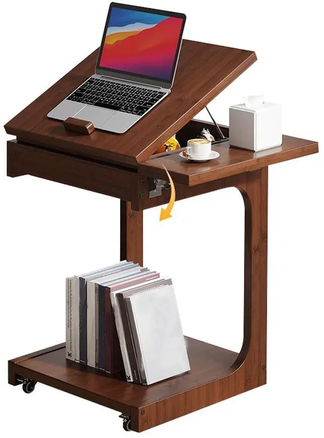 Main image of ZELLOXY Wood C-Shaped End Table, Mobile Couch Side Table with Adjustable Tilting Top, Laptop Side Table with 5 Tilt Angle Adjustments, TV Tray Table with Rolling Wheels, Storage Shelf