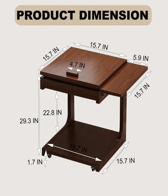 Alt view image 2 of 5 - ZELLOXY Wood C-Shaped End Table, Mobile Couch Side Table with Adjustable Tilting Top, Laptop Side Table with 5 Tilt Angle Adjustments, TV Tray Table with Rolling Wheels, Storage Shelf