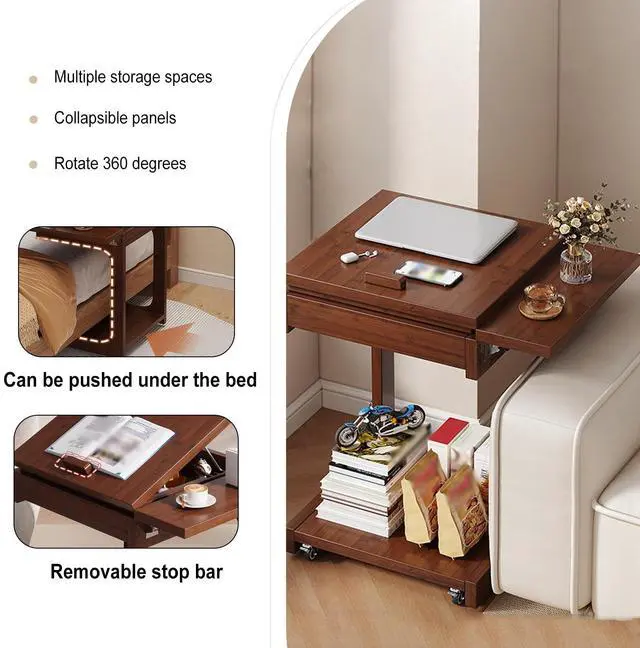 Alt view image 5 of 5 - ZELLOXY Wood C-Shaped End Table, Mobile Couch Side Table with Adjustable Tilting Top, Laptop Side Table with 5 Tilt Angle Adjustments, TV Tray Table with Rolling Wheels, Storage Shelf
