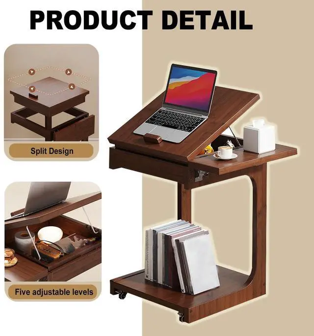 Alt view image 4 of 5 - ZELLOXY Wood C-Shaped End Table, Mobile Couch Side Table with Adjustable Tilting Top, Laptop Side Table with 5 Tilt Angle Adjustments, TV Tray Table with Rolling Wheels, Storage Shelf
