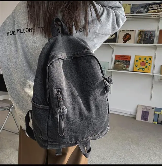 Alt view image 2 of 5 - TYHOTULY Gradient Denim Backpack Y2K Aesthetic Lightweight Laptop Backpack Classic Retro Jeans Backpack Casual Travel Daypack (a Black)