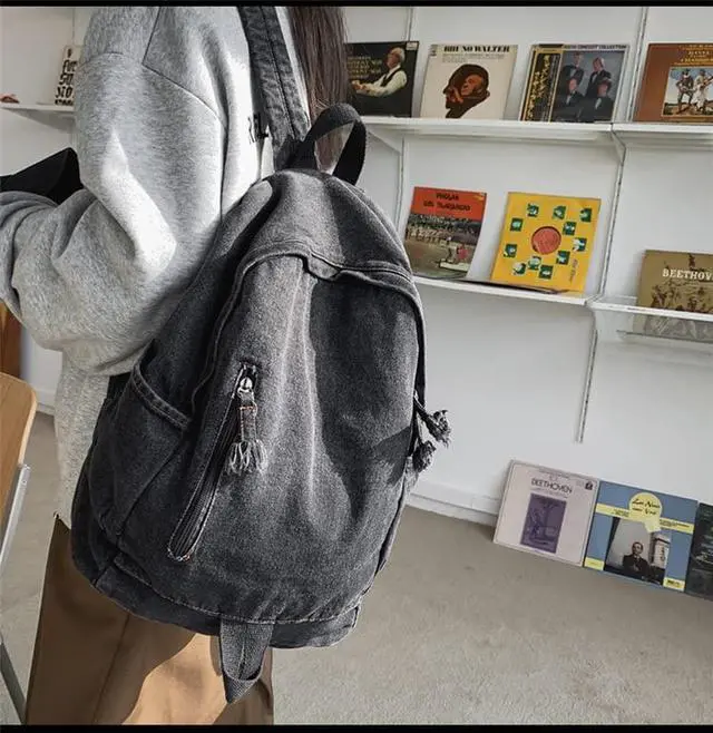 Alt view image 4 of 5 - TYHOTULY Gradient Denim Backpack Y2K Aesthetic Lightweight Laptop Backpack Classic Retro Jeans Backpack Casual Travel Daypack (a Black)