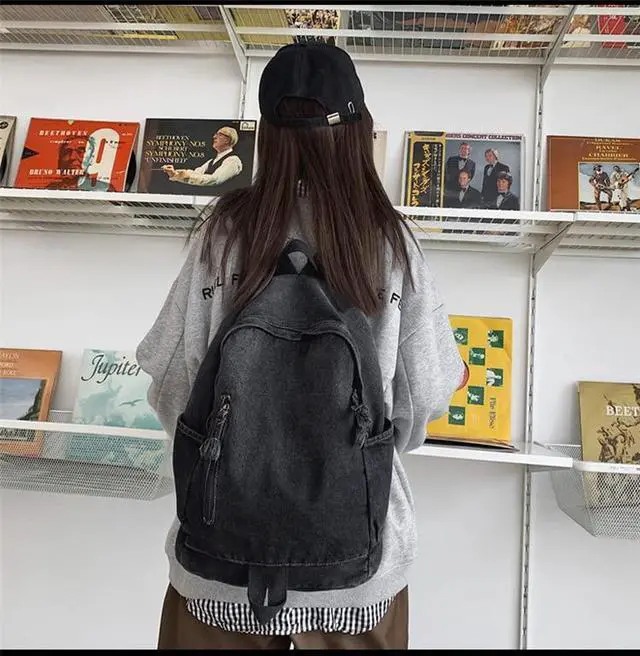 Alt view image 5 of 5 - TYHOTULY Gradient Denim Backpack Y2K Aesthetic Lightweight Laptop Backpack Classic Retro Jeans Backpack Casual Travel Daypack (a Black)