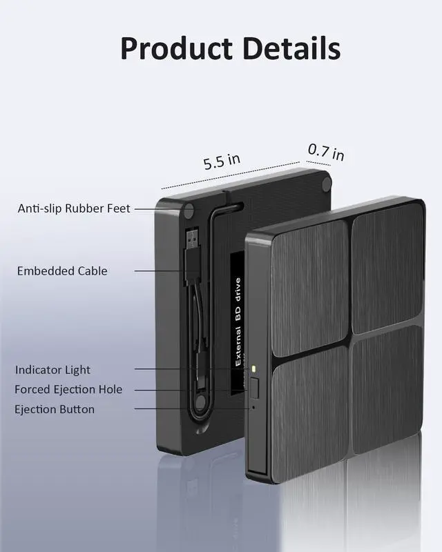 Alt view image 4 of 5 - Alphami External Blu ray Drive, USB 3.0 & Type C Bluray Burner, External Blueray/DVD Drive for PC, External CD DVD Blu Ray Reader Writer Compatible with Windows XP/7/8/10/11, Linux, Mac OS