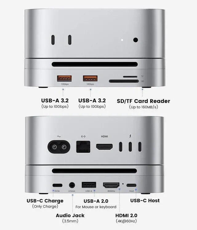 Alt view image 2 of 5 - Mac mini M4 Dock & Hub with NVMe SSD Enclosure, 4K@60Hz HDMI, 2x10Gbps USB A, 1x5Gbps USB A, USB-C Charge, SD/TF, Audio 3.5mm, Stand Docking Station for Mac mini M4/M4 Pro