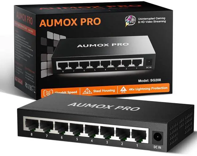 8 Port Gigabit Unmanaged Ethernet Switch, AUMOX PRO Home Network Hub, Office Ethernet Splitter, Plug-and-Play, Silent Operation, Desktop or Wall Mount, Fanless Metal Design