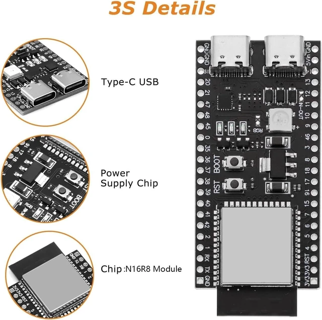 Alt view image 4 of 5 - AYWHP 3 PCS ESP ESP-32-S3 Development Board ESP-32-S3 Module with ESP-1-N16R8 Low Power MCU with Dual-Mode Wi-Fi and Bluetooth Type-C Connector Compatible with Arduino