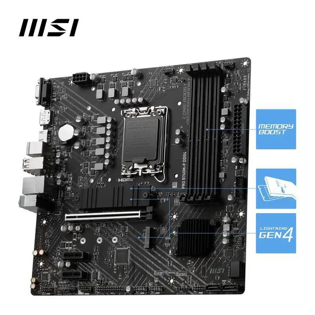 Alt view image 3 of 5 - MSI PRO B760M-P DDR4 mATX Motherboard, 4X DDR4~128GB, 1x PCI-E x 16, 2X PCI-E x 1, 2X M.2, 4X SATA, 1x USB 3.2, 4X USB 2.0, 1x USB-C