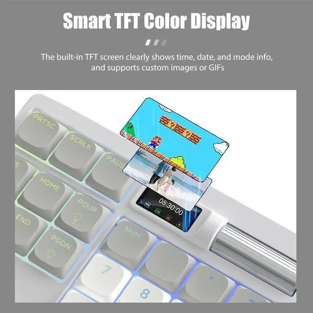 Alt view image 2 of 5 - TISHLED Ergonomic Mechanical Keyboard with Smart Screen & Volume Roller, Wireless 2.4G/Bluetooth/Wired USB-C, 106-Key Low-Profile Switches Hot Swappable, RGB LED Backlit, Web-Based Programmable
