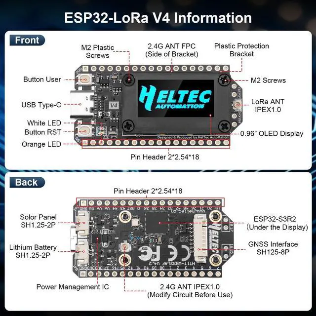 Alt view image 2 of 5 - AYWHP ESP32 LoRa V4 Board for Meshtastic, Lora V4 WiFi Bluetooth Module with GPS / 915MHz Antenna and 3000mAh Battery 0.96 OLED Display SX1262 Chip ESP32-S3R2 MCU with Arduino IoT Meshtastic Dev