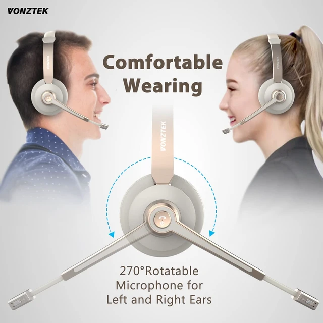 Alt view image 4 of 5 - Vonztek Bluetooth Headset with Microphone, Wireless Headphones with Noise Cancelling Mic, 26hrs talktime, On Ear Headphones with Mic Mute for Mac/Laptop/Zoom/Teams/Call Center/Office/Home Gold