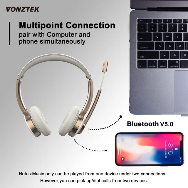 Alt view image 3 of 5 - Vonztek Bluetooth Headset with Microphone, Wireless Headphones with Noise Cancelling Mic, 26hrs talktime, On Ear Headphones with Mic Mute for Mac/Laptop/Zoom/Teams/Call Center/Office/Home Gold