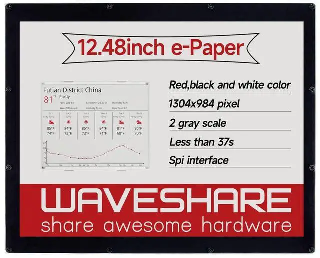 Main image of waveshare 12.48inch E-Ink Display Module 1304984 Resolution Red/Black/White Three-Color Compatible with Raspberry Pi 4B/3B+/3A+/2B/B+/A+/Zero/Zero W/WH/Zero 2W CM3+/4