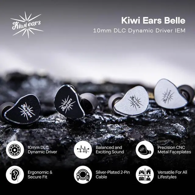 Alt view image 2 of 5 - HIFIXAUDIO Kiwi Ears Belle in-Ear Monitor, 10mm DLC Diaphragm Driver Earphone, HiFi Wired Earbuds with Detachable Silver-Plated 2-Pin Cable for Audiophile Gaming (Without Mic, Black)