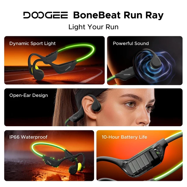 Alt view image 2 of 5 - DOOGEEEco Bone Beat Run Ray Bone Conduction Headphones Open Ear Headphones Wireless with LED Light IP66 Waterproof Headphones 10H Playtime BT6.0 Open-Ear Sport Headphones for Running Cycling -