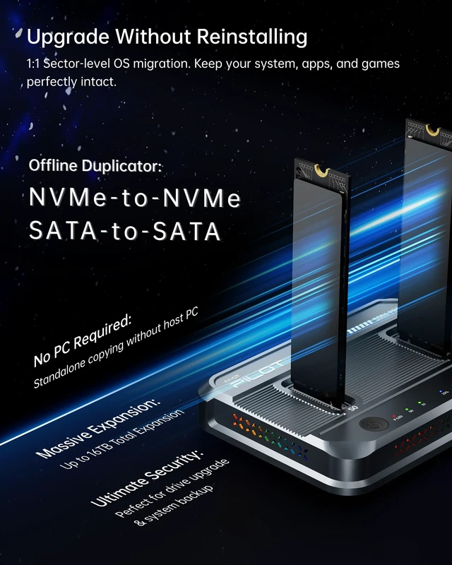 Alt view image 2 of 5 - AMZPILOT Dual-Bay M.2 SSD Cloner Dock 10Gbps NVMe SATA Reader Quad Cooling