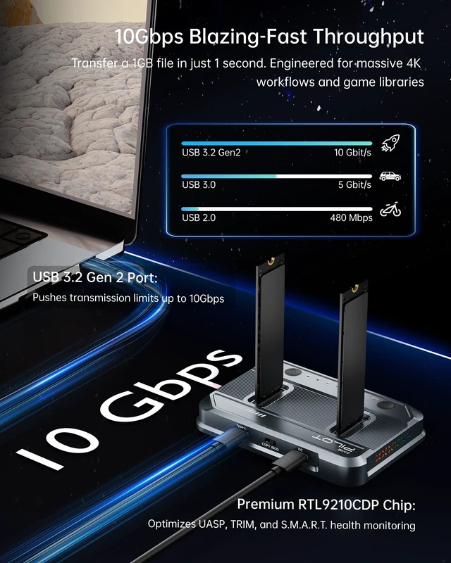 Alt view image 4 of 5 - AMZPILOT Dual-Bay M.2 SSD Cloner Dock 10Gbps NVMe SATA Reader Quad Cooling