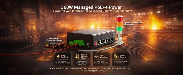 Alt view image 5 of 5 - Industrial 4-Port PoE/PoE++ Managed Switch, 360W, 802.3bt, 2X SFP, DIN-Rail