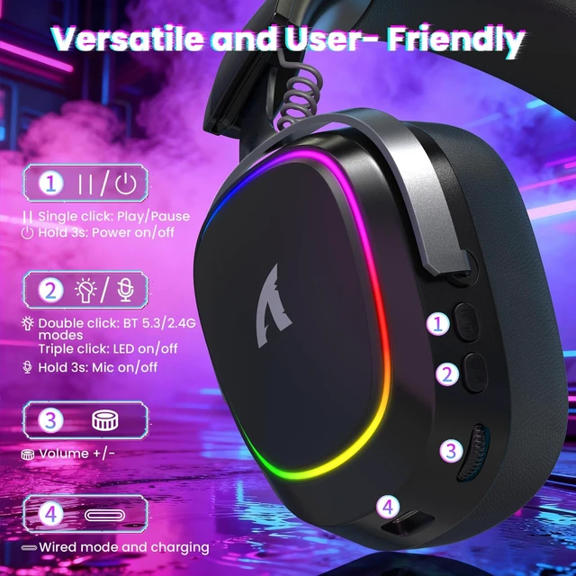 Alt view image 4 of 5 - ATTACK SHARK G800 Wireless Gaming Headset, 7.1 Surround Sound,Memory Foam Ear Pads,Durable Aluminum Frame,Detachable Microphone, Bluetooth/2.4G Wireless/Wired Headphone for PC,PS5,PS4,Xb