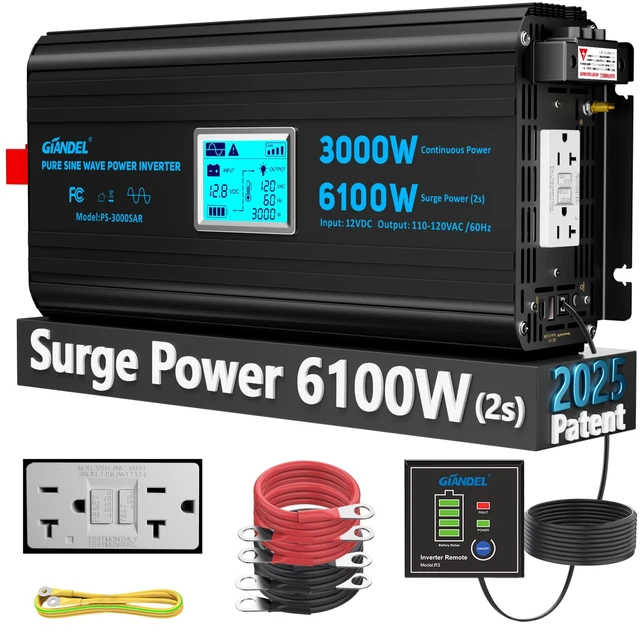 Main image of 3000 W Power Inverter Pure Sine Wave,6100W Max,12V DC to 120V AC