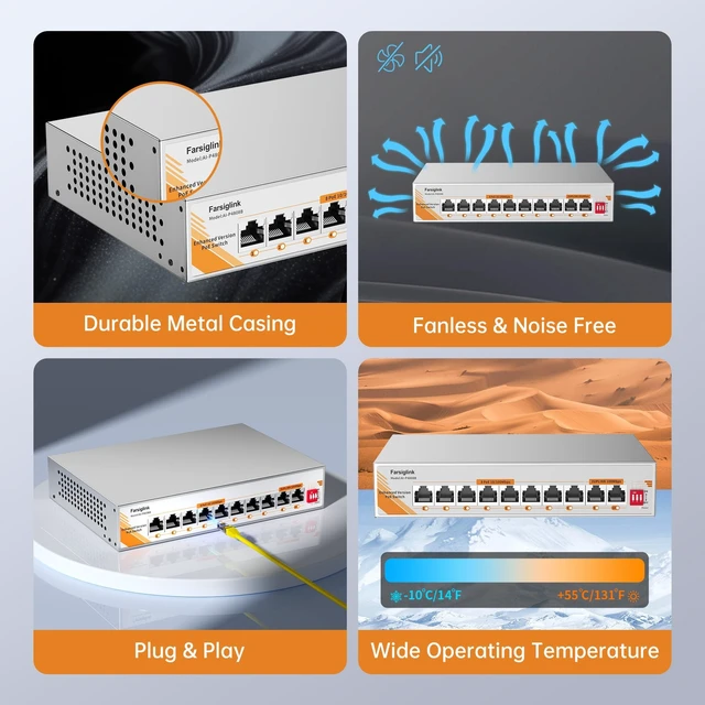 Alt view image 5 of 5 - Farsiglink 8 Port PoE Switch with 2 Uplink, 8 Ports PoE@120W Network Switch