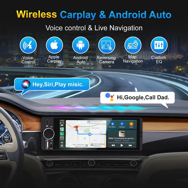 Alt view image 2 of 5 - Single Din Car Stereo with Wireless Apple CarPlay & Android Auto, 6.28inch HD Touchscreen Single Din Radio with Bluetooth,1080P Rear Cam,USB,SWC,10-Band EQ,RCA,External Mic,FM car Radio(Black)