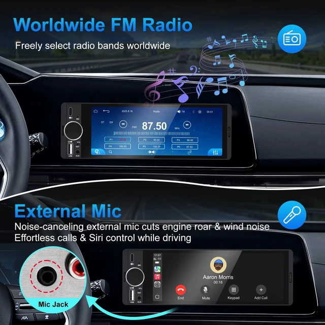 Alt view image 5 of 5 - Single Din Car Stereo with Wireless Apple CarPlay & Android Auto, 6.28inch HD Touchscreen Single Din Radio with Bluetooth,1080P Rear Cam,USB,SWC,10-Band EQ,RCA,External Mic,FM car Radio(Black)