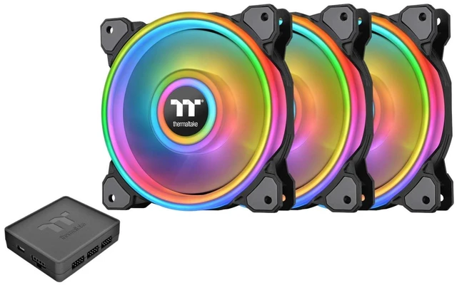Main image of Thermaltake Riing Quad 140mm 16.8 Million RGB Color (Alexa, Razer Chroma) Software Enabled 4 Light Rings 54 Addressable LED 9 Blades Hydraulic Bearing Case/Radiator Fan, 3 Pack, CL-F089-