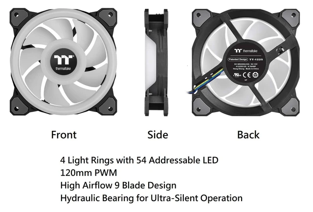 Alt view image 3 of 5 - Thermaltake Riing Quad 140mm 16.8 Million RGB Color (Alexa, Razer Chroma) Software Enabled 4 Light Rings 54 Addressable LED 9 Blades Hydraulic Bearing Case/Radiator Fan, 3 Pack, CL-F089-