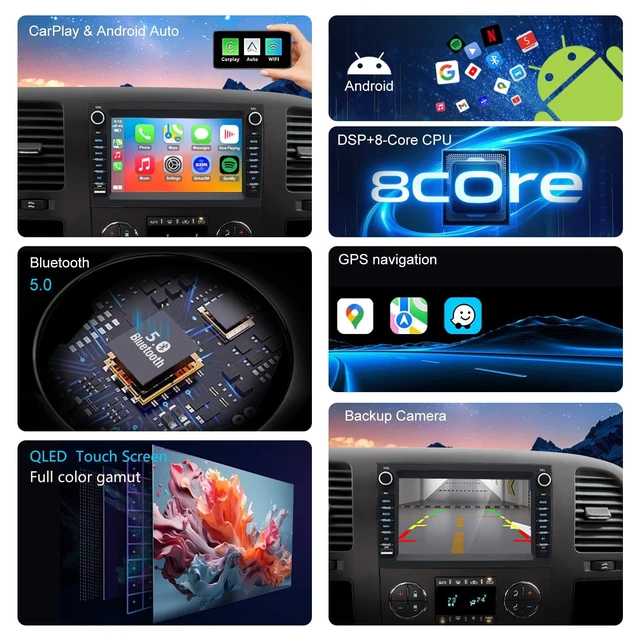 Alt view image 4 of 5 - 4G LTE QLED Radio for Chevy Silverado GMC Sierra Yukon 2007-2013,Touch Screen 8core Stereo Upgrade,Wireless carplay & Android Auto,Fast Charge,Free Backup Camera