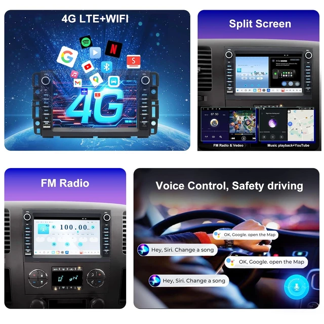 Alt view image 3 of 5 - 4G LTE QLED Radio for Chevy Silverado GMC Sierra Yukon 2007-2013,Touch Screen 8core Stereo Upgrade,Wireless carplay & Android Auto,Fast Charge,Free Backup Camera